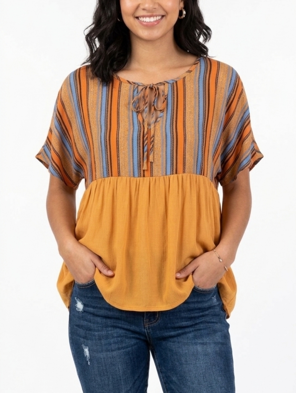Emery Rose Striped Boho Peasant Top Size L Yellow Blue Orange